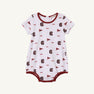 The Beaufort Bonnet Company’s USC Short Sleeve Patton Play Bubble - South Carolina Spirit with South Carolina Burgundy is a white baby romper featuring maroon trim, USC text, pennant flags, and stylized letter C logos in maroon. Crafted from soft Pima cotton, this short sleeve bubble includes snaps at the bottom for easy diaper changes—perfect for showing your South Carolina spirit.