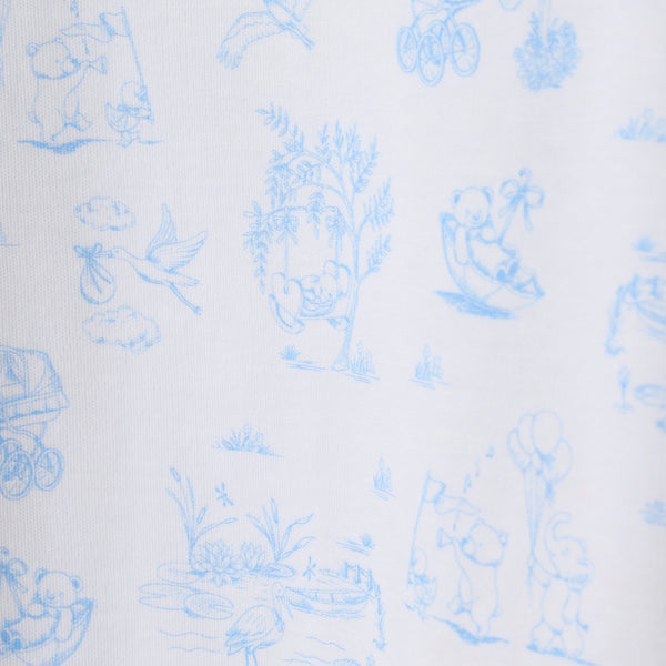 The Sir Proper’s Sweet Arrival (Beale Street Blue) Accessories Bundle from The Beaufort Bonnet Company features a whimsical white fabric adorned with light blue illustrations of animals—like bears and a stork—alongside trees, balloons, and baby carriages. This playful pattern makes the bundle, which includes a Baby Buggy Blanket, Oopsie Daisy Burp Cloth, and Burp Me Bib, a perfect choice for baby shower gifts or your baby registry.