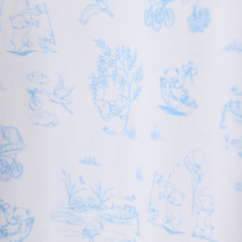 The Sir Proper’s Sweet Arrival (Beale Street Blue) Accessories Bundle from The Beaufort Bonnet Company features a whimsical white fabric adorned with light blue illustrations of animals—like bears and a stork—alongside trees, balloons, and baby carriages. This playful pattern makes the bundle, which includes a Baby Buggy Blanket, Oopsie Daisy Burp Cloth, and Burp Me Bib, a perfect choice for baby shower gifts or your baby registry.
