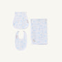 The Beaufort Bonnet Company’s Sir Proper’s Sweet Arrival (Beale Street Blue) Accessories Bundle is pictured, featuring a Baby Buggy Blanket, Oopsie Daisy Burp Cloth, and Burp Me Bib—all crafted in soft white fabric with a light blue animal print pattern and arranged on a white background. This charming set makes an ideal choice for baby shower gifts or to add to your baby registry.