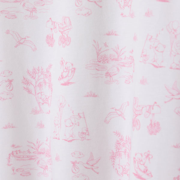 White fabric adorned with delightful pink line drawings of animals—including bears and birds—engaged in playful activities like riding bicycles, fishing, and relaxing by ponds amidst trees and water. This repeating pattern adds whimsical charm to The Beaufort Bonnet Company’s Sir Proper’s Sweet Arrival (Hamptons Hot Pink) Accessories Bundle, which includes a Baby Buggy Blanket, Oopsie Daisy Burp Cloth, and Burp Me Bib crafted from soft pima cotton—making it a perfect choice for thoughtful baby shower gifts.