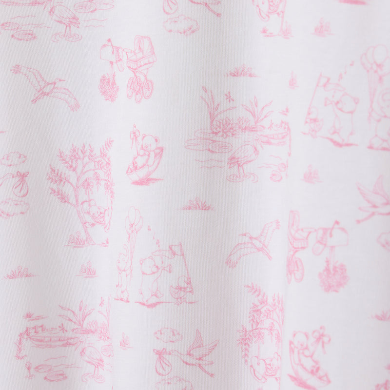 White fabric adorned with delightful pink line drawings of animals—including bears and birds—engaged in playful activities like riding bicycles, fishing, and relaxing by ponds amidst trees and water. This repeating pattern adds whimsical charm to The Beaufort Bonnet Company’s Sir Proper’s Sweet Arrival (Hamptons Hot Pink) Accessories Bundle, which includes a Baby Buggy Blanket, Oopsie Daisy Burp Cloth, and Burp Me Bib crafted from soft pima cotton—making it a perfect choice for thoughtful baby shower gifts.
