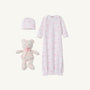 Introducing Sir Proper’s Sweet Arrival (Hamptons Hot Pink) Bundle by The Beaufort Bonnet Company—a delightful newborn set featuring a Pima cotton layette, including a baby gown, matching hat, and the cuddly Bradley Bear. This charming ensemble comes in crisp white with light pink animal prints and is beautifully presented on a plain white background—making it an ideal baby shower gift.