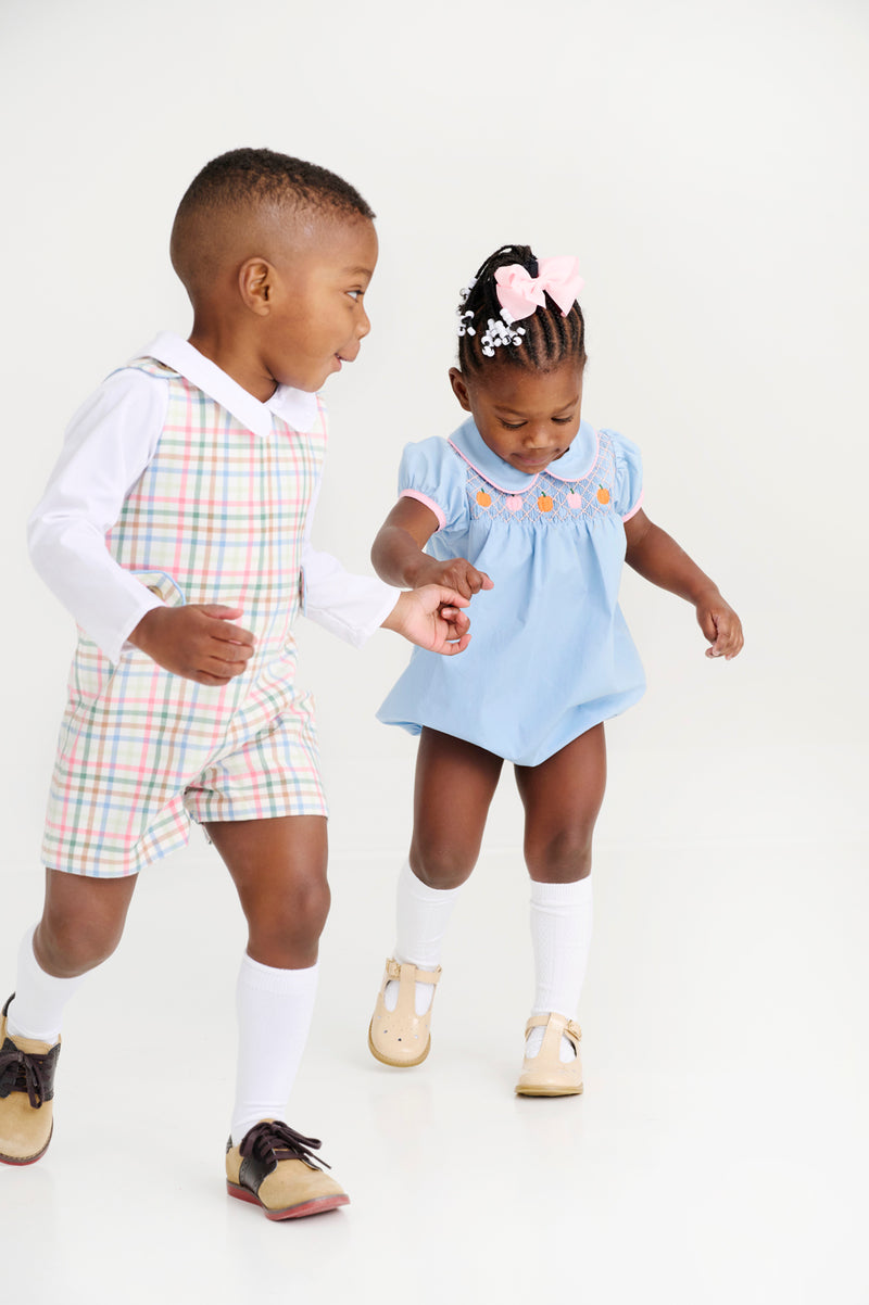 Mary Dal Bubble - Barrington Blue & Sandpearl Pink with Pumpkin Smocking