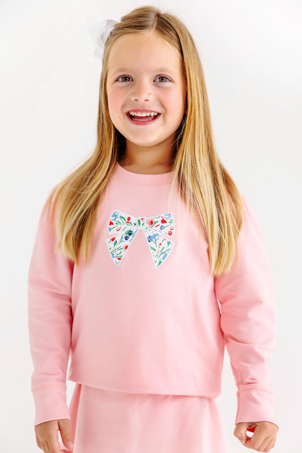 Puff Sleeve Cassidy Comfy Crewneck - Sandpearl Pink with Fair Street Floral Bow