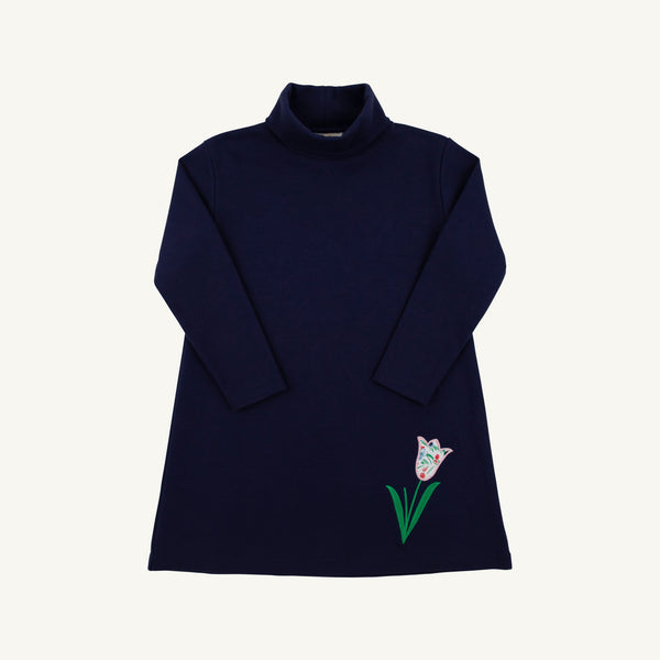 Tatum's Turtleneck Dress - Nantucket Navy with Fair Street Floral Tulip Applique