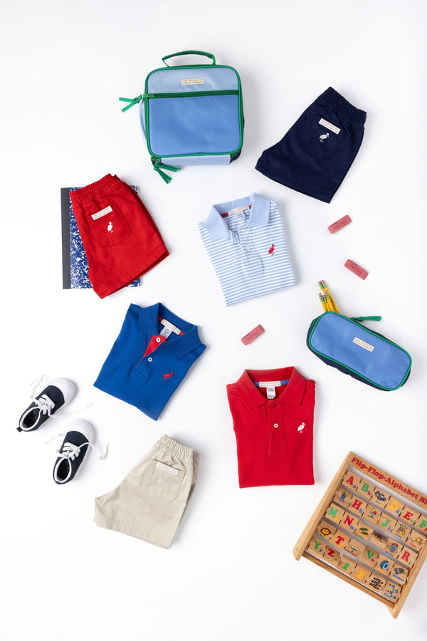 Prim & Proper Polo & Onesie - Beale Street Blue Stripe with Richmond Red Stork