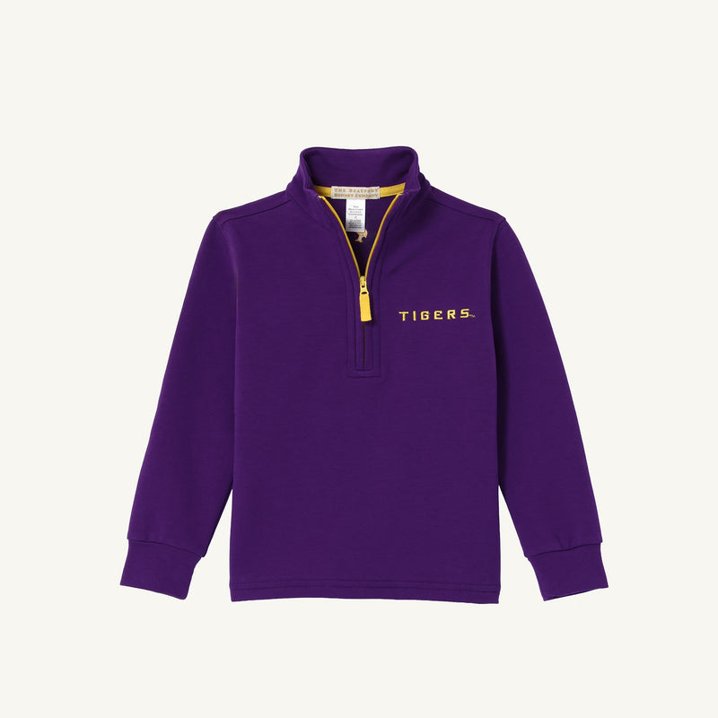 Introducing the LSU Hayword Half-Zip by The Beaufort Bonnet Company—a stylish LSU Purple pullover with long sleeves, accented by an LSU Gold zipper and “TIGERS” embroidered in gold on the left chest. The perfect game day apparel for fans eager to show off their purple and gold pride.