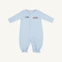 The Beaufort Bonnet Company’s Twinkle Twinkle 2-in-1 in Buckhead Blue with Trains is a light blue Pima cotton romper featuring long sleeves and legs, easy front snaps, and a vibrant embroidered train with colorful cargo cars across the chest. Gently gathered cuffs at the sleeves and ankles add to its soft, comfortable look.