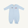 The Beaufort Bonnet Company’s Twinkle Twinkle 2-in-1 in Buckhead Blue with Trains is a light blue Pima cotton romper featuring long sleeves and legs, easy front snaps, and a vibrant embroidered train with colorful cargo cars across the chest. Gently gathered cuffs at the sleeves and ankles add to its soft, comfortable look.
