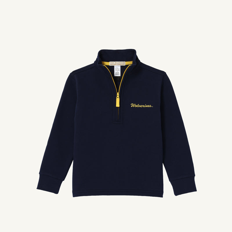 Sure! Here’s a rewritten version using the provided product data: The Beaufort Bonnet Company Michigan Hayword Half-Zip in Michigan Blue with Michigan Yellow features a stylish half-zip design, long sleeves, and a stand-up collar. With “Wolverines” embroidered in yellow on the left chest, this pullover is perfect gameday apparel for any Wolverine fan.