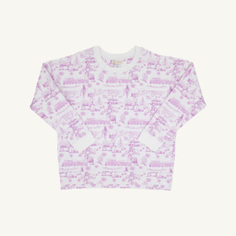 Embroidery result for: Cassidy Comfy Crewneck (Women) - Lavender and Lambs with Worth Avenue White