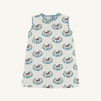 Embroidery result for: Annie Apron Dress - Highland Horses with Barnsley Blue Gingham