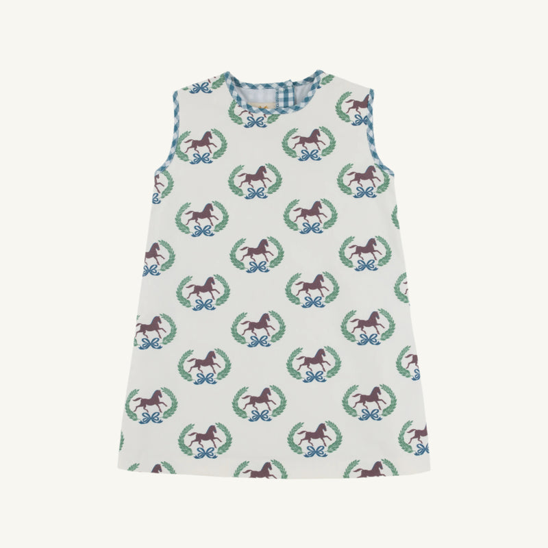 Annie Apron Dress - Highland Horses with Barnsley Blue Gingham