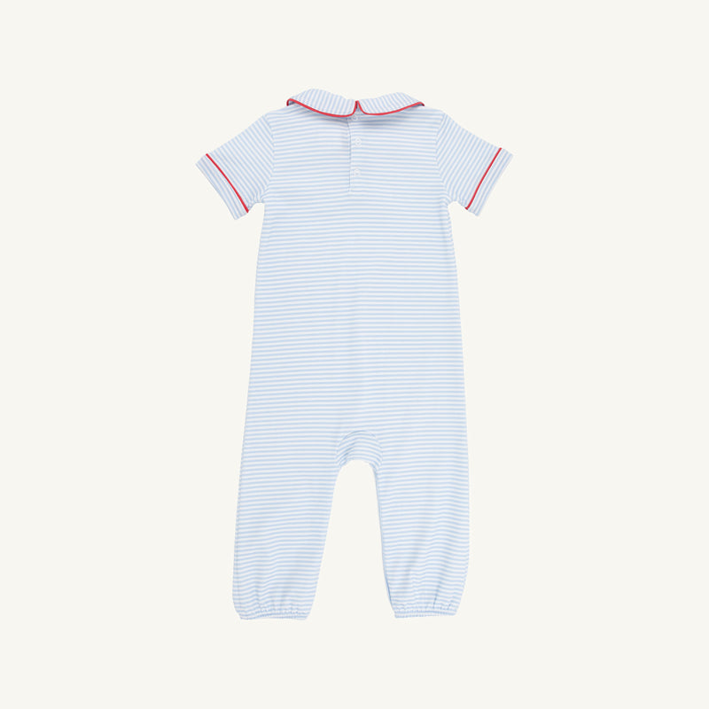 Benny Button Romper - Beale Street Blue Stripe with Richmond Red