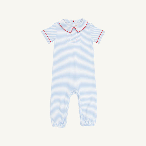 Benny Button Romper - Beale Street Blue Stripe with Richmond Red