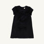 A short-sleeved Betts Bow Dress - Newport Night Velveteen by The Beaufort Bonnet Company for a child, featuring three velvet bows arranged vertically down the front and laid flat on a plain white background—a perfect holiday dress.