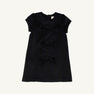 A short-sleeved Betts Bow Dress - Newport Night Velveteen by The Beaufort Bonnet Company for a child, featuring three velvet bows arranged vertically down the front and laid flat on a plain white background—a perfect holiday dress.