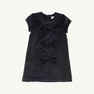 A short-sleeved, dark navy Betts Bow Dress - Newport Night Velveteen featuring three horizontal velvet bows down the center front.