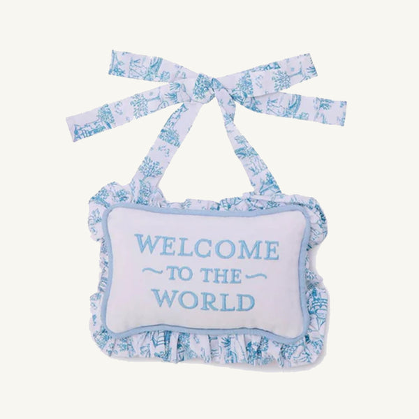 Welcome to the World Embroidered Door Hanger (Blue) - Two's Company