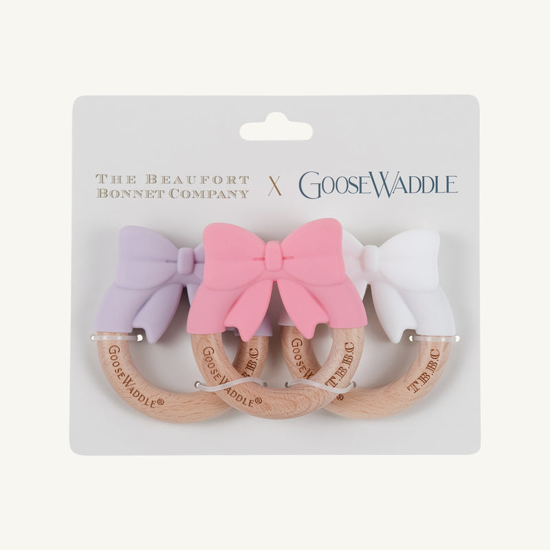 Bow Wooden & Silicone Teether (3-Pack) - Lauderdale Lavender, Hamptons Hot Pink & Worth Avenue White