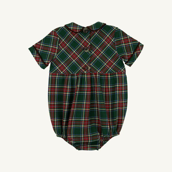 Bradford Bubble - Pinehill Plaid with Chelsea Chocolate by The Beaufort Bonnet Company: This classic baby romper features short sleeves, a Peter Pan collar, three buttons on the back, and a charming green, red, and white Pinehill Plaid pattern—perfect for your little boy’s fall wardrobe.