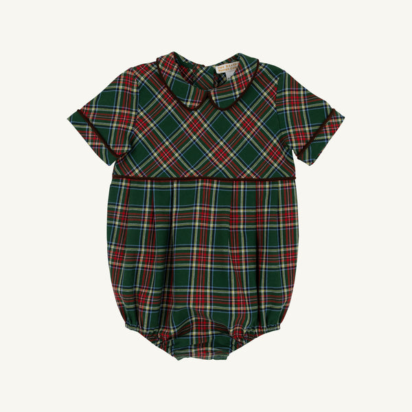 Green, red, and white Bradford Bubble - Pinehill Plaid with Chelsea Chocolate by The Beaufort Bonnet Company, featuring short sleeves, a Peter Pan collar, and elastic leg openings—displayed on a plain white background and perfect as a classic baby boy fall outfit.