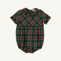 Green, red, and white Bradford Bubble - Pinehill Plaid with Chelsea Chocolate by The Beaufort Bonnet Company, featuring short sleeves, a Peter Pan collar, and elastic leg openings—displayed on a plain white background and perfect as a classic baby boy fall outfit.