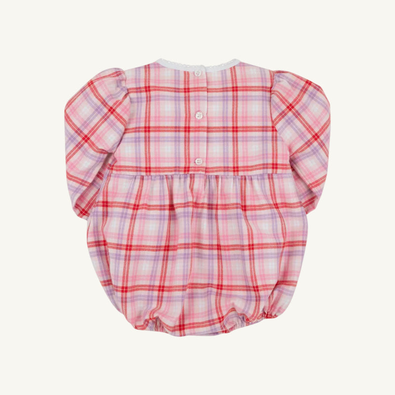 Back view of a Bradley Bubble - Broadway Play Plaid with Worth Avenue White infant romper in pink and purple plaid, featuring a white scalloped collar and two buttons at the back neck.