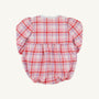 Back view of a Bradley Bubble - Broadway Play Plaid with Worth Avenue White infant romper in pink and purple plaid, featuring a white scalloped collar and two buttons at the back neck.
