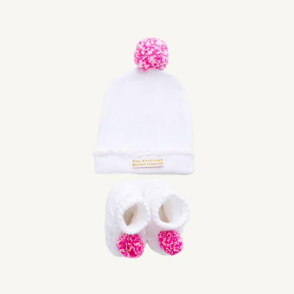 Bryer Booties & I'm Here Hat Set - Worth Avenue White with Palm Beach Pink