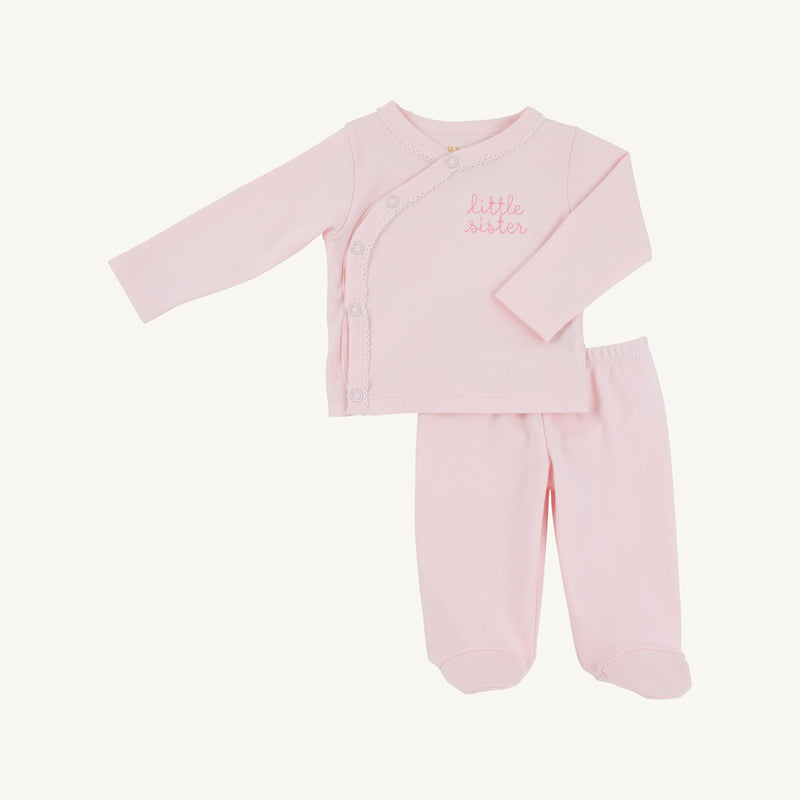 Cameron Cross Front Set in Palm Beach Pink with Hamptons Hot Pink Little Sister, featuring a light pink long-sleeved side-button shirt with darker pink embroidery and matching footed pants in Pima cotton.