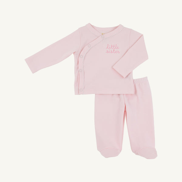 Cameron Cross Front Set in Palm Beach Pink with Hamptons Hot Pink Little Sister, featuring a light pink long-sleeved side-button shirt with darker pink embroidery and matching footed pants in Pima cotton.