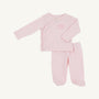 Cameron Cross Front Set in Palm Beach Pink with Hamptons Hot Pink Little Sister, featuring a light pink long-sleeved side-button shirt with darker pink embroidery and matching footed pants in Pima cotton.
