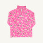 A long-sleeve, pink Canter Collar Half Zip - Bows of Holly pullover by The Beaufort Bonnet Company, featuring a ruffled collar and adorned with a white and red floral print in soft Cotton French Terry.