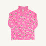 A long-sleeve, pink Canter Collar Half Zip - Bows of Holly pullover by The Beaufort Bonnet Company, featuring a ruffled collar and adorned with a white and red floral print in soft Cotton French Terry.