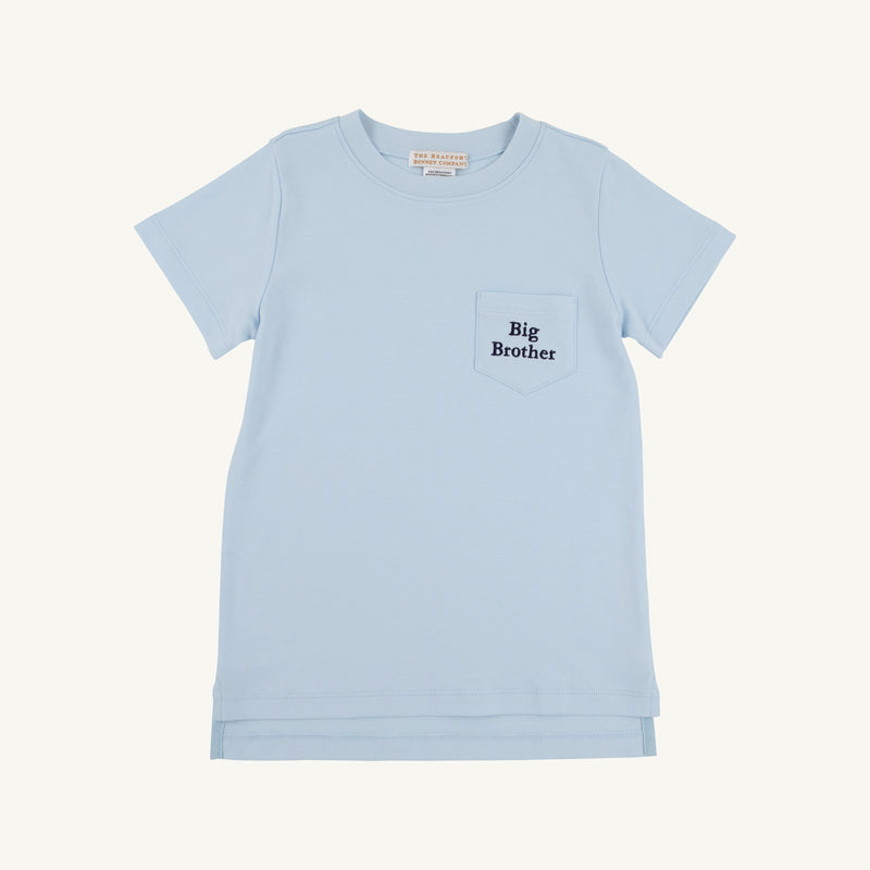 Carter Crewneck - Buckhead Blue with Nantucket Navy Big Brother light blue Pima cotton crewneck t-shirt with a chest pocket embroidered with Big Brother in navy blue, perfect as a baby announcement outfit.