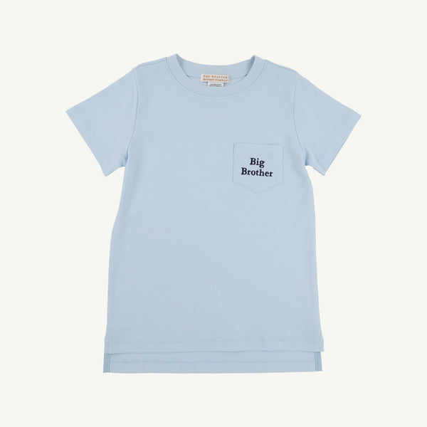 Carter Crewneck - Buckhead Blue with Nantucket Navy Big Brother light blue Pima cotton crewneck t-shirt with a chest pocket embroidered with Big Brother in navy blue, perfect as a baby announcement outfit.
