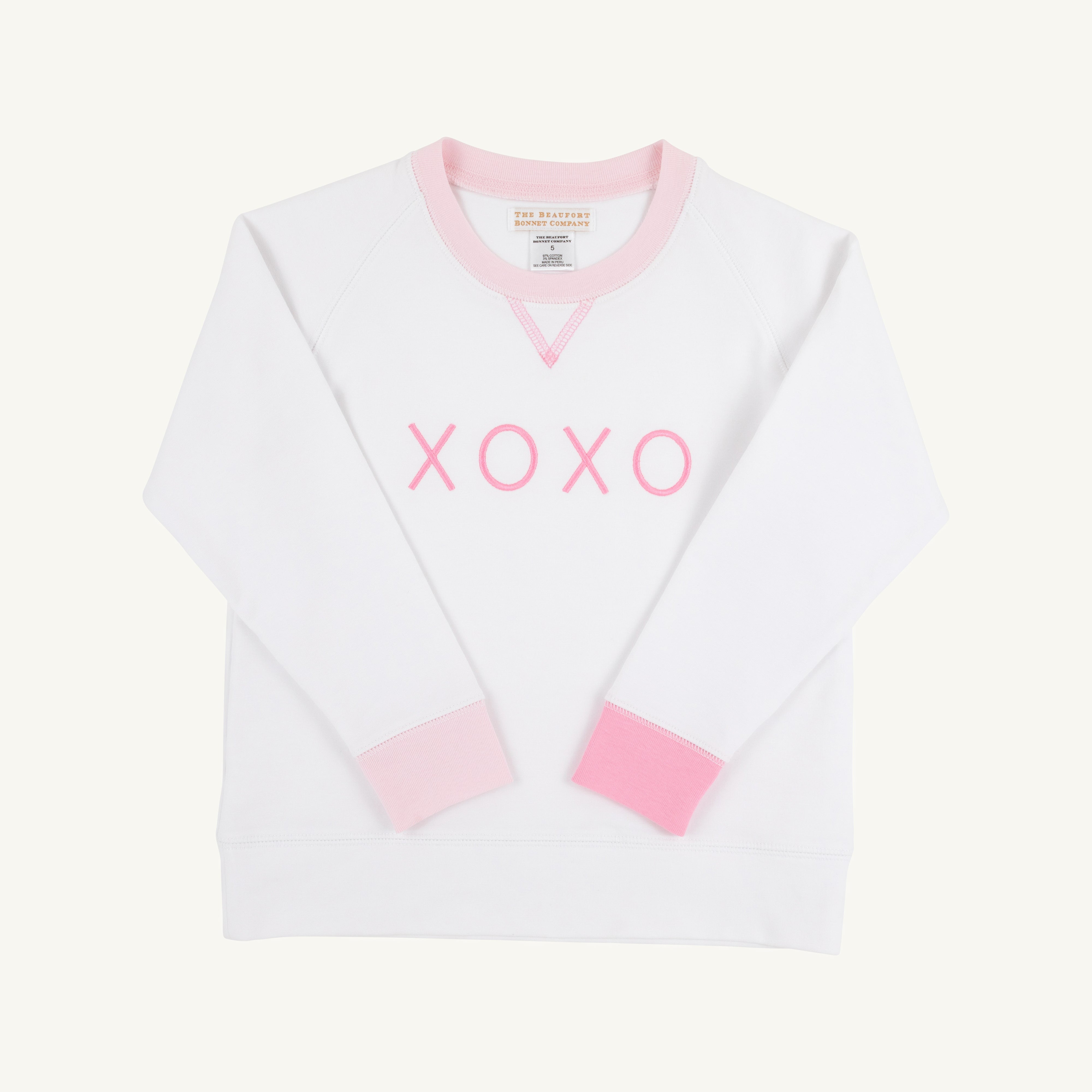 Cassidy Comfy Crewneck - Worth Avenue White with Palm Beach Pink & Hamptons Hot Pink XOXO Applique