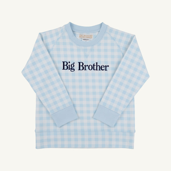 Cassidy Comfy Crewneck - Buckhead Blue Gingham with Nantucket Navy Big Brother light blue and white gingham crewneck sweatshirt with navy blue embroidery on the chest, perfect for a sibling reveal.