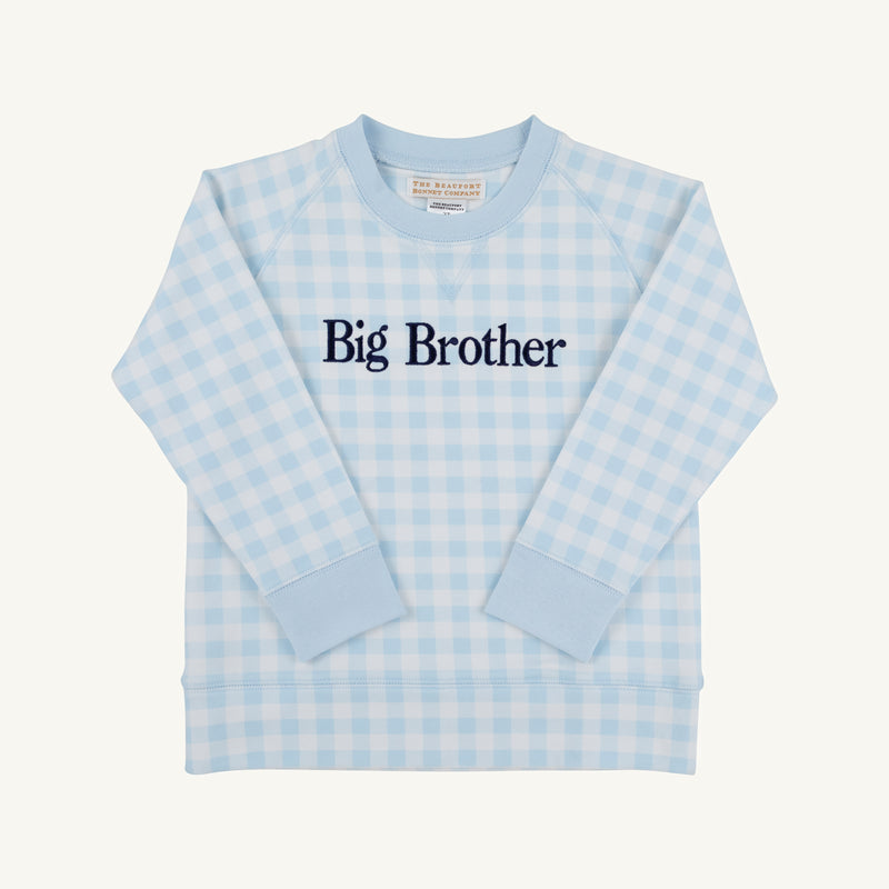 Cassidy Comfy Crewneck - Buckhead Blue Gingham with Nantucket Navy Big Brother light blue and white gingham crewneck sweatshirt with navy blue embroidery on the chest, perfect for a sibling reveal.