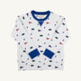 The Beaufort Bonnet Company’s Florida Cassidy Comfy Crewneck - Florida Forever with Florida Blue is a white sweatshirt featuring blue cuffs, adorned with blue “F”s, orange and blue pennants, and alligator logos in a sports-themed university pattern. The shirt is neatly laid flat on a white background.