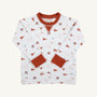 The Beaufort Bonnet Company’s Texas Cassidy Comfy Crewneck - Gone to Texas with Texas Orange is a white children’s sweatshirt featuring burnt orange cuffs, collar, and hem. It showcases playful Texas-themed icons—including state outlines, longhorns, pennants, and helmets in burnt orange and blue—making it the perfect cozy piece for displaying Lone Star State pride.