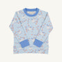 The Beaufort Bonnet Company’s Cassidy Comfy Crewneck - Gourd-geous (Buckhead Blue) with Sunrise Blvd Blue is a light blue long-sleeve kids crewneck sweatshirt, adorned with a white pumpkin and orange leaf pattern, and finished with matching blue cuffs and collar. Shown laid flat, this cozy style is perfect for fall.