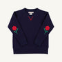 Navy blue Cassidy Comfy Crewneck - Nantucket Navy with Flowers featuring embroidered flower appliqués on each sleeve and red V-stitch detailing at the neckline.