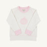 The Cassidy Comfy Crewneck by The Beaufort Bonnet Company is shown laid flat on a plain white background. This cozy sweatshirt features a Palmetto Pearl body with Palm Beach Pink accents on the cuffs, collar, and hem, and is adorned with a pink gingham pumpkin applique on the chest.