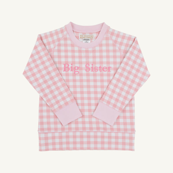 Cassidy Comfy Crewneck - Palm Beach Pink Gingham with Hamptons Hot Pink Big Sister: a pink and white gingham long-sleeve crewneck sweatshirt with Big Sister embroidered in pink on the chest, perfect for a sibling reveal.