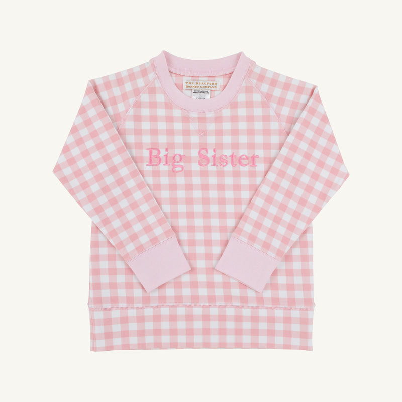 Cassidy Comfy Crewneck - Palm Beach Pink Gingham with Hamptons Hot Pink Big Sister: a pink and white gingham long-sleeve crewneck sweatshirt with Big Sister embroidered in pink on the chest, perfect for a sibling reveal.