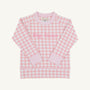 Cassidy Comfy Crewneck - Palm Beach Pink Gingham with Hamptons Hot Pink Big Sister: a pink and white gingham long-sleeve crewneck sweatshirt with Big Sister embroidered in pink on the chest, perfect for a sibling reveal.