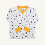 The Beaufort Bonnet Company’s LSU Cassidy Comfy Crewneck - Tenacious Tigers with LSU Gold is a white long-sleeve sweatshirt with yellow cuffs and collar, covered in a playful pattern of purple pennants, tigers, and the word “TIGERS.” Inspired by Tenacious Tigers spirit, this LSU crewneck is displayed laid flat on a white background.